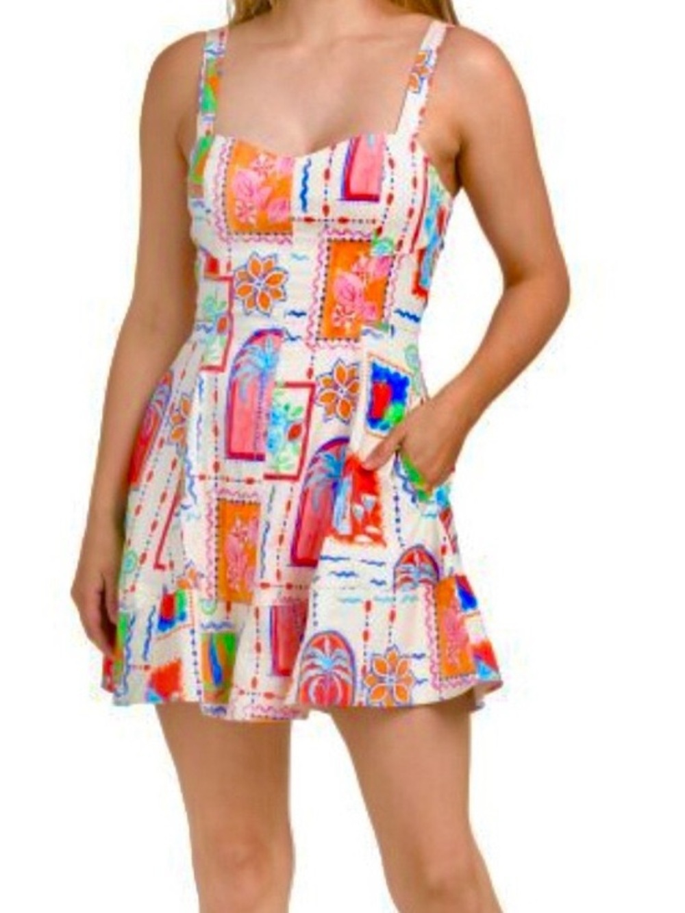 Avec Les Filles Cream Dress with Multicolor Floral & Abstract Prints